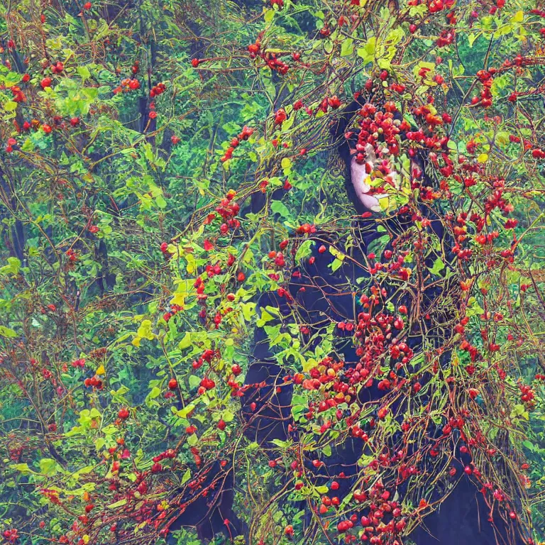 Image similar to human with the sea and the forest inside, veins diverge through the body like rivers filmed on a satellite, a person is decorated with wild berries, a beautiful bird is looking at him next, colorful picture