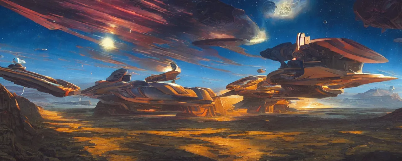 Image similar to stylish spaceship in retro scifi landscape, beautiful colours, sharp textures, nikolay georgiev, alex ross, bruce pennington, donato giancola, larry elmore, masterpiece, oils on canvas, trending on artstation, featured on pixiv, cinematic composition, sharp, details, hyper - detailed, hd, hdr, 4 k, 8 k