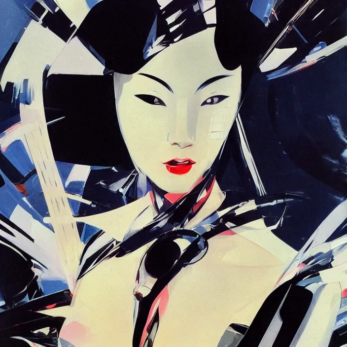 Image similar to crossdresser geisha, full body, high fashion, futurism, aerodynamic, flowing, intricate, slick, highly detailed, digital painting, vogue, concept art, smooth, sharp focus, hd, art by syd mead and john berkey and annie leibovitz