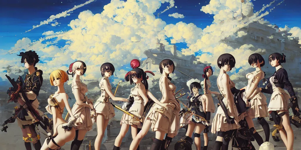 Image similar to baroque acrylic painting of key visual concept art, anime maids in crusade battlefield with early tanks, brutalist fantasy, rule of thirds golden ratio, fake detail, trending pixiv fanbox, palette knife, style of makoto shinkai ghibli takashi takeuchi yoshiyuki sadamoto jamie wyeth james gilleard greg rutkowski chiho aoshima