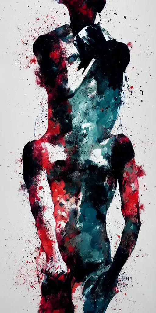 Image similar to abstract flowing brush strokes of the outline of the closeup torso of athletic man posing dramatically with no face, by conrad roset, dark background, painting trending on artstation