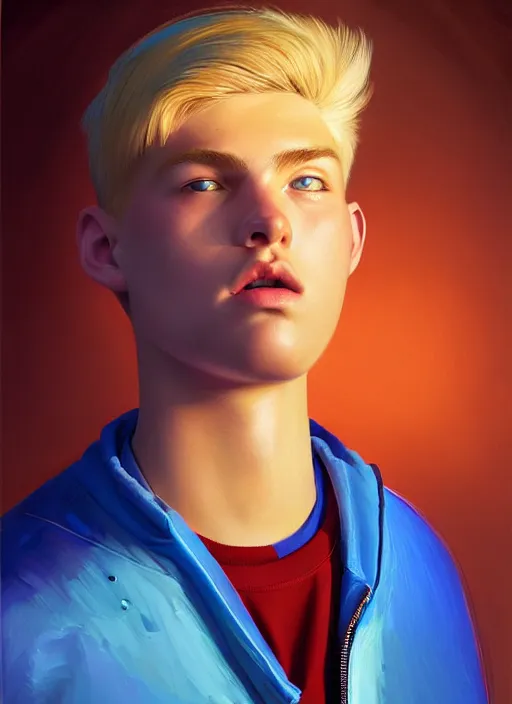 Image similar to portrait of high school senior boy named big moose, blonde short hair, jock, beefy, wide face, square jaw, square facial structure, blue varsity jacket with letter r, intricate, elegant, glowing lights, highly detailed, digital painting, artstation, concept art, sharp focus, illustration, art by wlop, mars ravelo and greg rutkowski