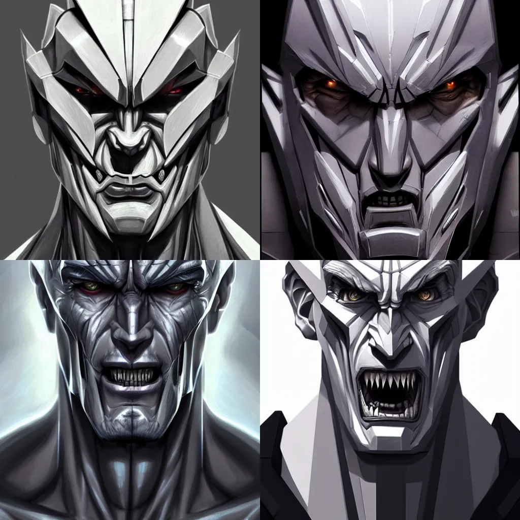 Prompt: Portrait of G1 Megatron (silver humanoid face and handsome!!!!) Snarling by WLOP and artgerm, very detailed, concept art, Artstation, brave Police J Decker face