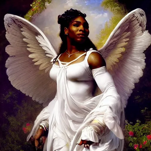 Prompt: Portrait of Serena Williams with wings as Nike Goddess, large wings, luxuriant, dreamy, eternity, romantic, strong pose, highly detailed, in the style of Franz Xaver Winterhalter, highly detailed, in the style of Aetherpunk