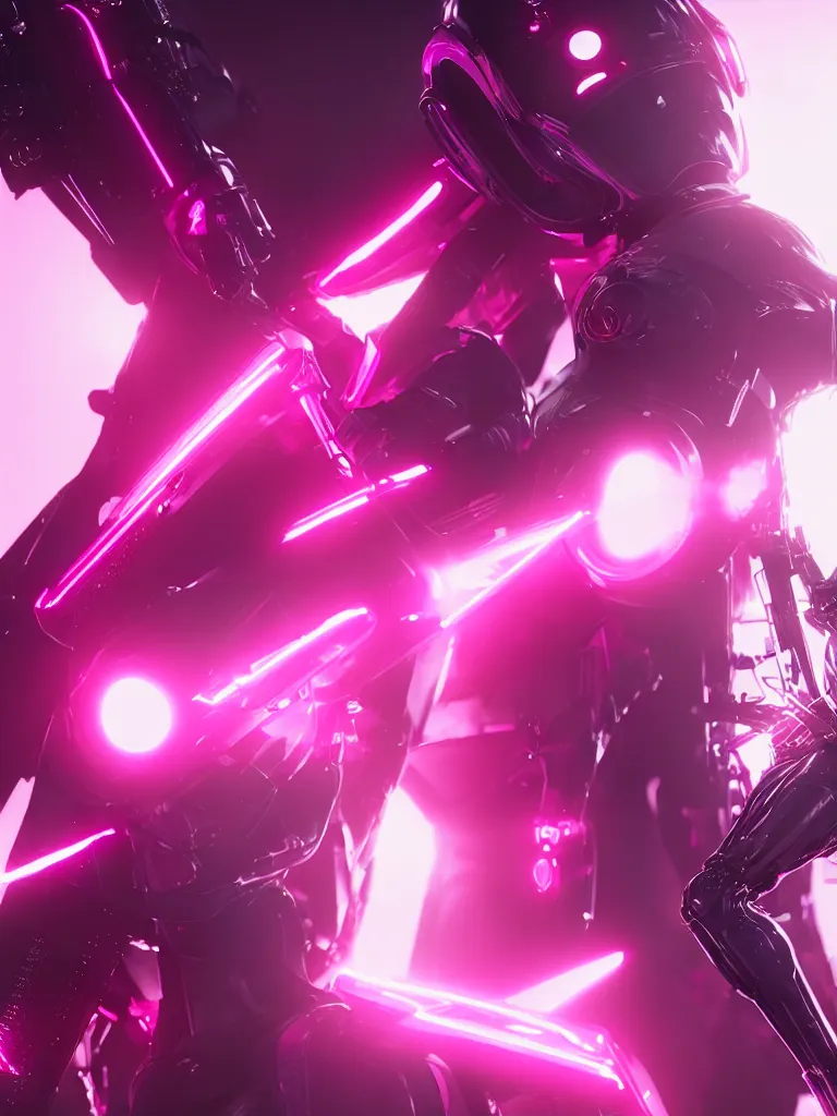 Prompt: cinematic, photography, a beautiful rihanna cyborg, perfect bionic body, pink chrome armor, neon holographic ui data displays, pink space gun, hajime sorayama, masamune shirow, octane rendered, 4 k, lens flare,