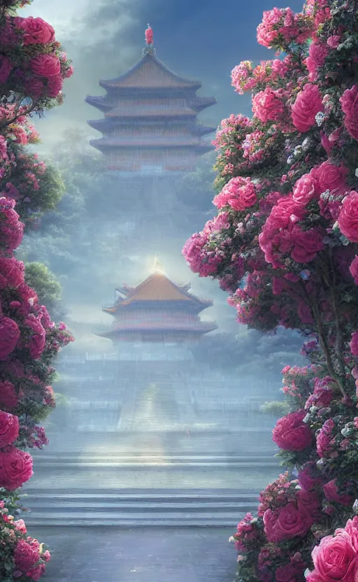 Image similar to vanishing point, palace covered with aqua blue roses like the forbidden city in distance at the red rose royal manor, viewed from afar, stephen bliss, misty, unreal engine, fantasy art by greg rutkowski, loish, ferdinand knab, and lois van rossdraws,, global illumination, radiant light, minimalist, detailed and intricate environment