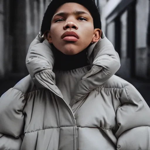 Image similar to realistic photoshooting for a new acne studio lookbook, color film photography, close up, model is wearing a puffer jacket, photo of a woman, photo in style of tyler mitchell, 3 5 mm, vetements, balenciaga, commes des garcon