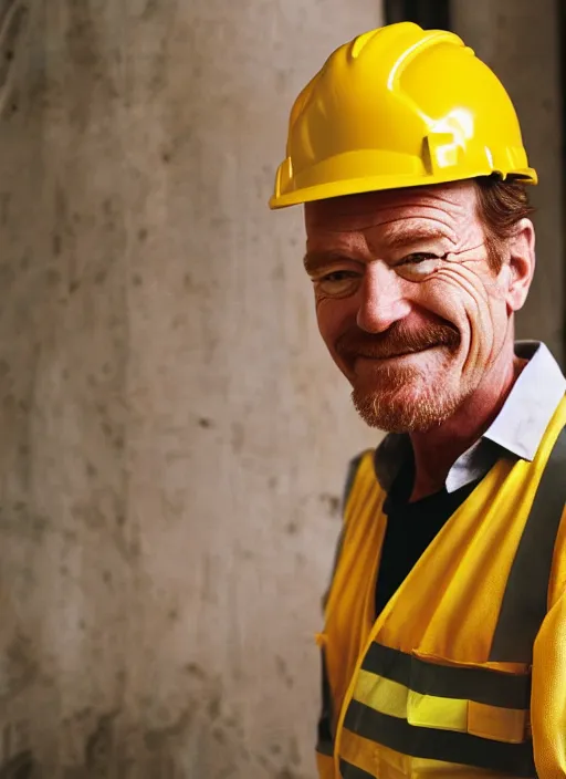 Image similar to closeup portrait of cheerful bryan cranston as a crane operator, yellow hardhat, natural light, bloom, detailed face, magazine, press, photo, steve mccurry, david lazar, canon, nikon, focus