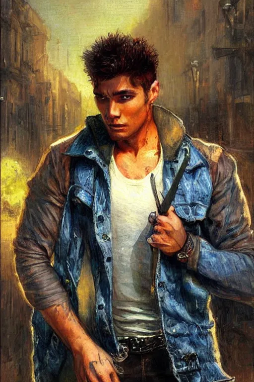 Image similar to a 2 5 year old contract killer named spike. he is a maniac with a stolen cop car. he wears a denim vest. art by gaston bussiere.