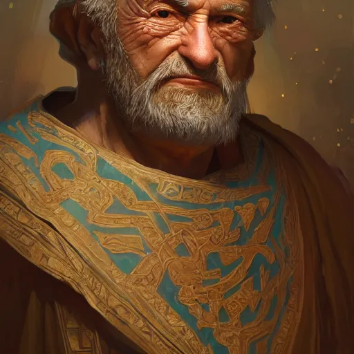 Image similar to close up of an old man wearing ancient canaanite clothing, deep focus, d & d, fantasy, intricate, elegant, highly detailed, digital painting, artstation, concept art, matte, sharp focus, illustration, hearthstone, art by artgerm and greg rutkowski and alphonse mucha