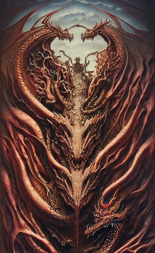 Image similar to a chthonic dragon art by Ayami Kojima, Beksinski, Giger, intricate colourfully painted carved wood paneling, dark souls, ivory and copper , artstation