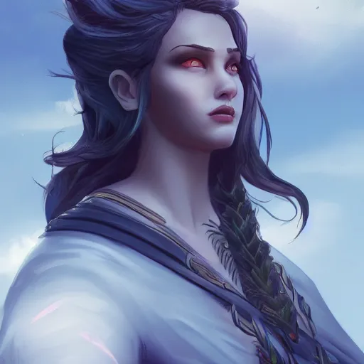 Image similar to fantasy heroine detailed looking heroically at the sky at dusk, profile, in the style of Milica Čeliković and James Daly, artstation, digital art