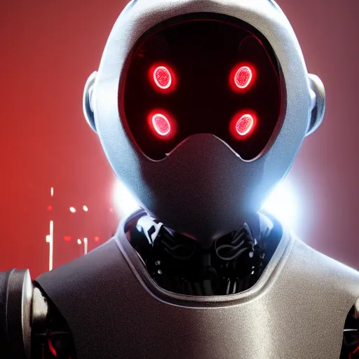 Prompt: a robot, with dark glowing red eyes, wearing a dark hood and cloak, dramatic lighting, cinematic, Unreal Engine render, 8k