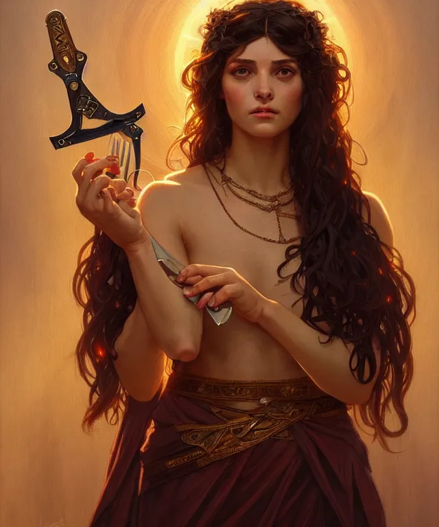 Prompt: portrait of biblical delilah holding a lock of hair and shears, intricate, headshot, highly detailed, digital painting, artstation, concept art, sharp focus, cinematic lighting, illustration, art by artgerm and greg rutkowski, alphonse mucha, cgsociety