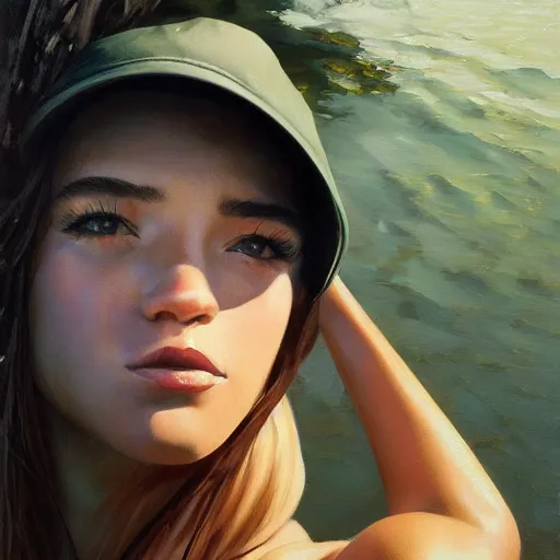 Image similar to oil painting by ilya kuvshinov,, baugh casey, artgerm craig mullins, coby whitmore, of a youthful black girl, long hair, fishing and wearing fisherman's outfit, fisherman's hat, highly detailed, breathtaking face, studio photography, noon, intense bounced light, water reflection, large tree casting shadow, serine intense sunlight