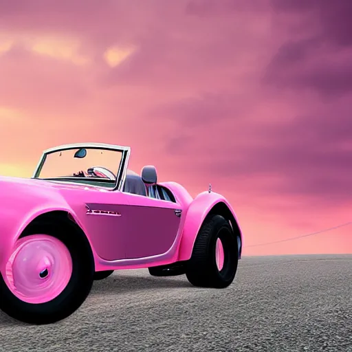 Prompt: a fluffy pink British Shorthair transformed into a fluffy roadster, cool, realistic, 4k, hd, highly detailed, pink sky backgorund