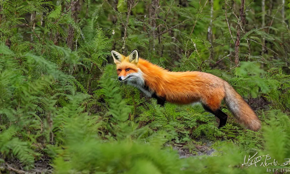 Prompt: a red fox in a northwestern boreal forest with lush ferns after a rain shower, golden hour, sunlight, huge, boulders, award winning nature photograph