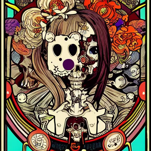 Image similar to anime manga skull portrait girl female skeleton illustration ren stimpy looneytoons art Geof Darrow and cuphead alphonse mucha pop art nouveau