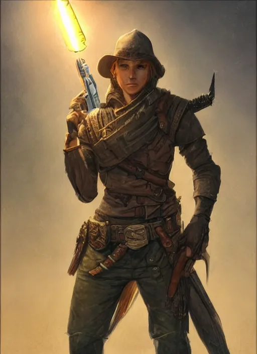 Image similar to short hair stubble gunslinger shooter, dndbeyond, bright, realistic, dnd character portrait, full body, art by ralph horsley, dnd, rpg, lotr game design fanart by concept art, behance hd, artstation, deviantart, global illumination radiating a glowing aura global illumination ray tracing hdr render in unreal engine 5