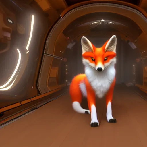Prompt: a photography of a kitsune fox inside a spaceship, realistic unreal engine 5