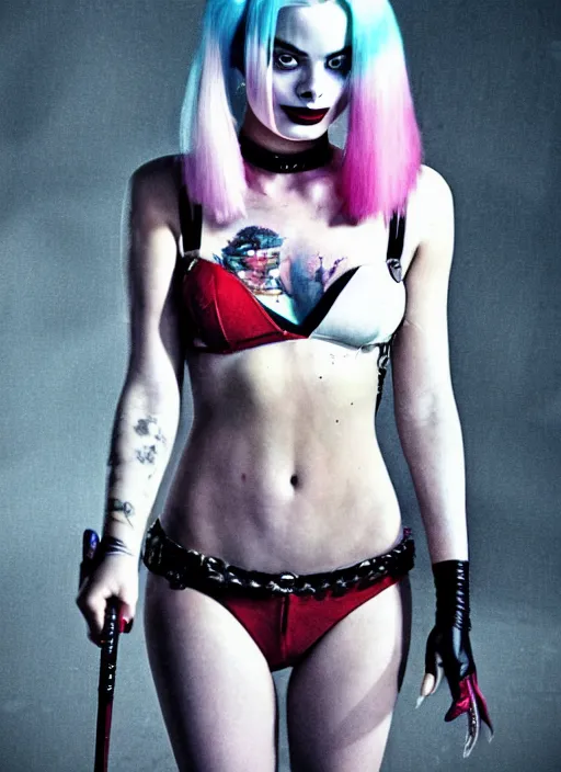 Image similar to 5 0 mm photo of beautiful suicide squad happy margot robbie with long white hair that looks like harley quinn standing on the wet street of dystopian gotham city at night, angry frown, seductive camisole, glamour fashion pose, watercolor, frank miller, moebius, jim lee, cinematic, ridley scott, lens flare, dramatic lighting, annie leibowitz