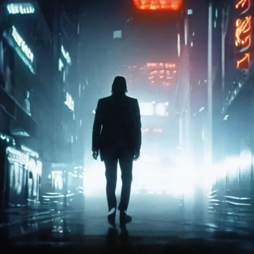 Image similar to john wick in blade runner, dark, cinematic, 8 k, detailed