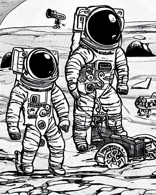 Image similar to astronauts with a moon buggy on an undiscovered alien planet illustrated by kim jung gius, black and white, ink drawing