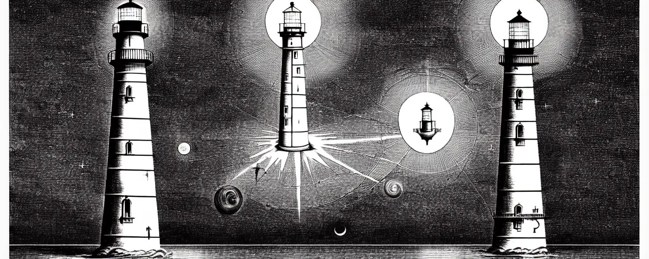 Image similar to an epic lighthouse radiates a unique canto'as above so below'while being ignited by the spirit of haeckel and robert fludd, breakthrough is iminent, glory be to the magic within, in honor of saturn, painted by ronny khalil