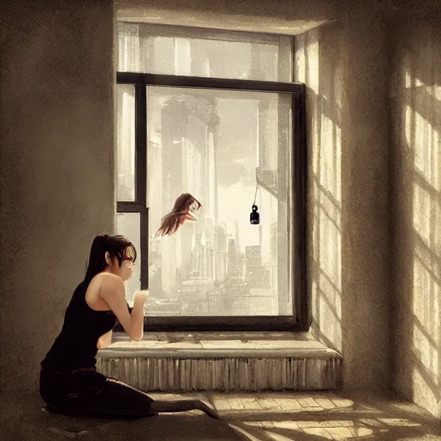 Image similar to window, eye, women, buildings, surprise, scared, couch by wlop, artgerm, greg rutkowski