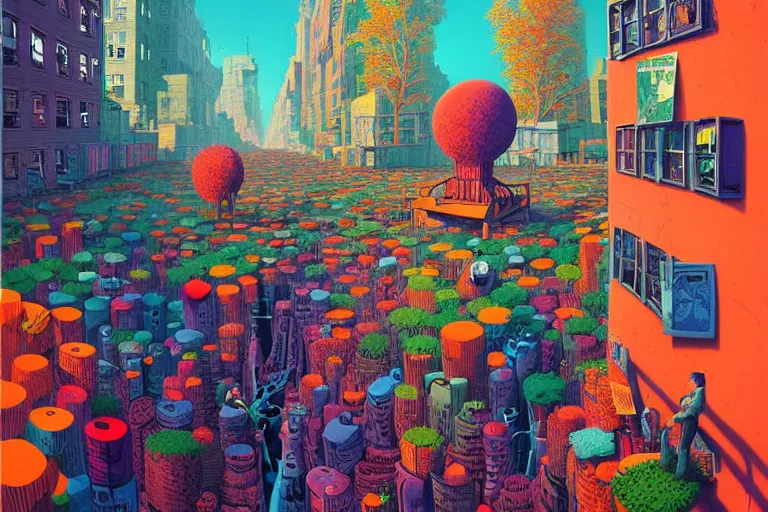 Image similar to surreal glimpse into other universe, new york, summer morning, very coherent and colorful high contrast, art by!!!! gediminas pranckevicius!!!!, geof darrow, floralpunk screen printing woodblock, dark shadows, hard lighting, stipple brush technique,