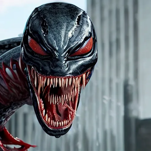 Image similar to Drake as Eddie Brock from Venom (2018), 4k, insanely detailed, teeth with small drops of red water