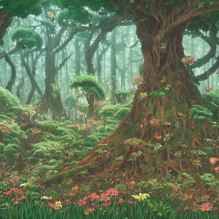 Image similar to ancient forest clearing, fairy circles, a poster by studio ghibli, featured on pixiv, environmental art, hd, highly detailed and intricate masterpiece