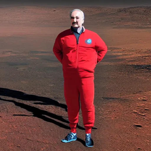Image similar to realistic photo of alexander lukashenko standing on the surface of mars in tracksuit
