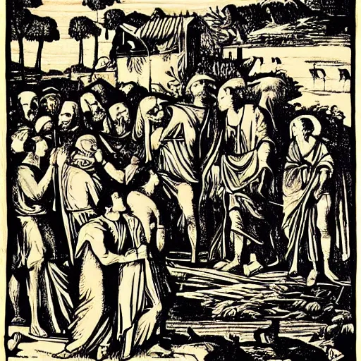 Prompt: Biblical scenes woodcut