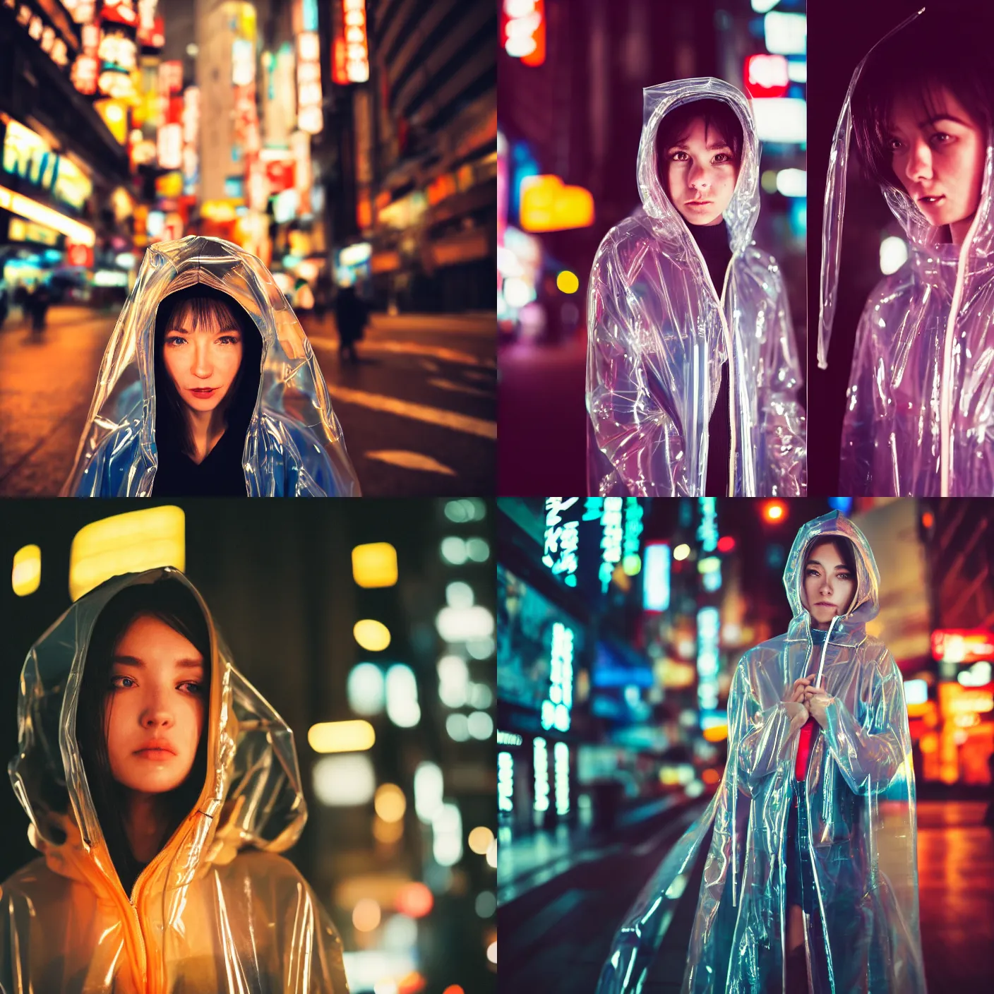 Prompt: A frontal face photography of Caucasian woman wearing a transparent raincoat with hoodie on. Aesthetic Tokyo Retro. cyberpunk city night photography city. close up. kodak ektar film. Depth of field. whirl bokeh. detailed. hq. realistic. Moody. Filmic. lens flare. Leica M9, Canon EOS R3, f/1.4, Film grain, 1/160s, 8K, RAW, unedited, symmetrical balance, in-frame