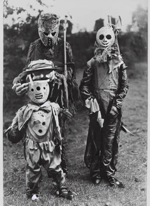 Image similar to photograph from 1909 of Halloween trick or treaters wearing Jason Voorhees costumes and Freddy Krueger costumes, highly detailed, vintage film