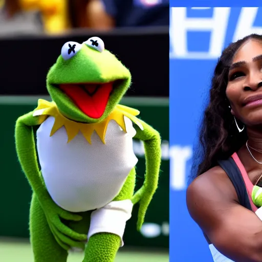 Prompt: Kermit the frog and Serena Williams playing tennis sports journalism 4k hd