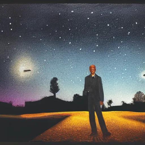 Image similar to dream A portrait of a man, by Karl Wiener, nighttime foreground, (abstract), figurative, ((((unreal engine)))), (pen), ((stars)), (((dark colors))), ((((dirt brick road))))