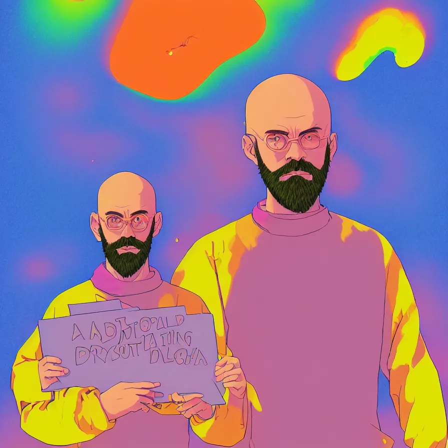 Prompt: a simple portrait of one single young bald bearded man holding a colorful blotter paper of lsd acid and dreaming psychedelic hallucinations in the vast icy landscape of antarctica, by soul bass, kawase hasui, moebius and edward hopper, colorful flat surreal design, xray hd, 8 k, artstation