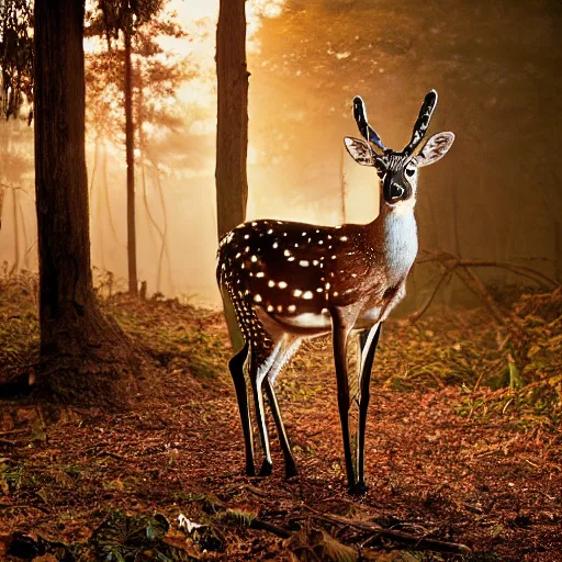 Image similar to a beautiful spotted deer in the woods lit by the morning sky, sunrise, chital, photorealistic, by annie leibovitz and steve mccurry, natural light, canon eos c 3 0 0, ƒ 1. 8, 3 5 mm, 8 k, medium - format print