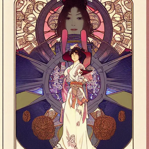 Prompt: the portal of salvation mystical japanese architecture hyperrealistic detail line work female ninja samurai ethereal character concept art wide angle shot muted colors cinematic lighting detailed and intricate style of alphonse mucha and j. c. leyendecker tarot card art print