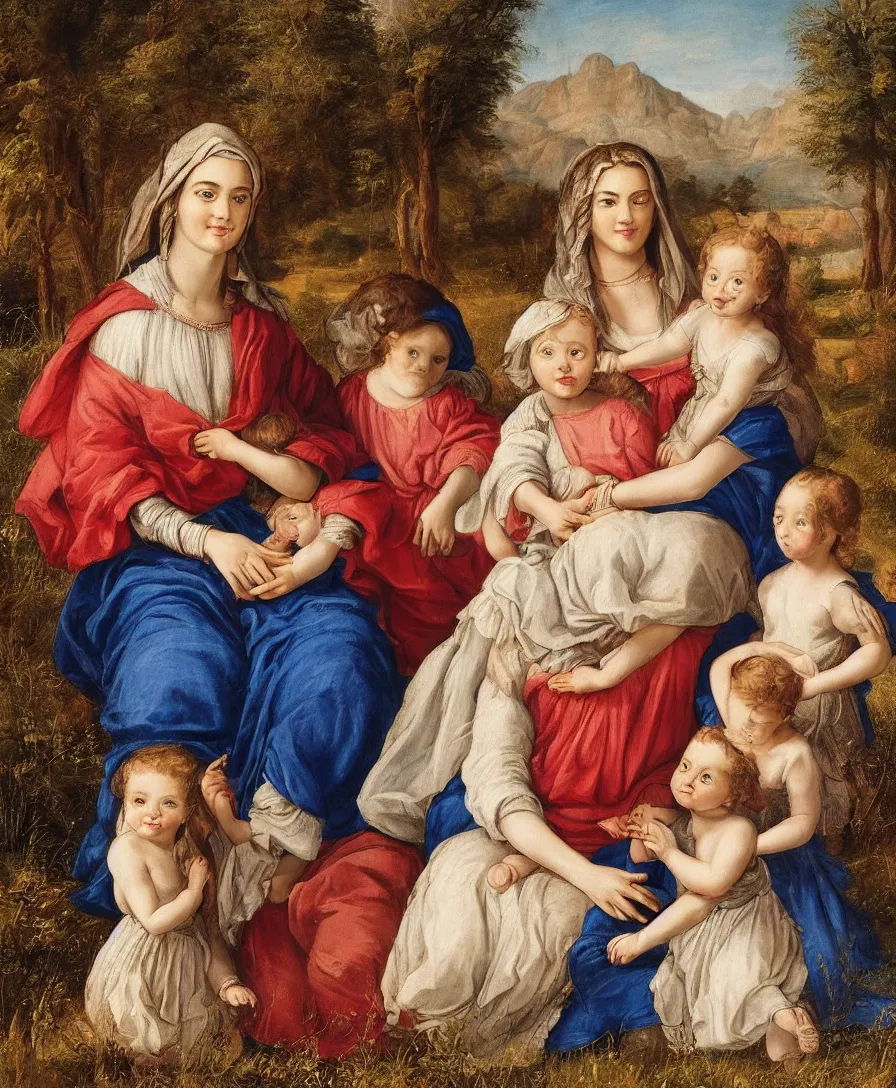 Image similar to Detailed Portrait of beautiful Madonna with two children playing in the style of Raffael. Children are very small and only cloth is blue linen. Madonna has a blue skirt and a red shirt. They are sitting in a dried out meadow. In the background, there is a lake with a town and mountains.