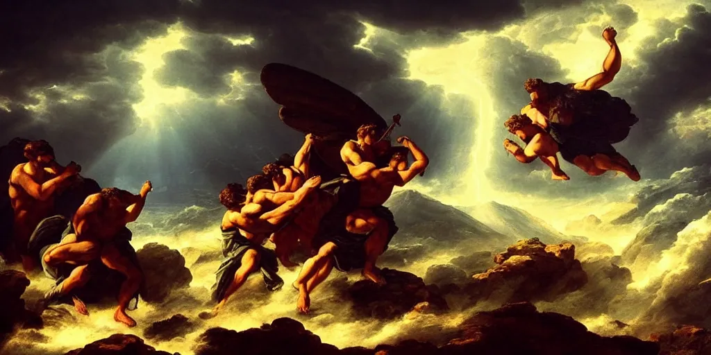 Image similar to amazing ancient landscape photo of greek gods fighting on top mount olympus, beautiful dramatic lighting