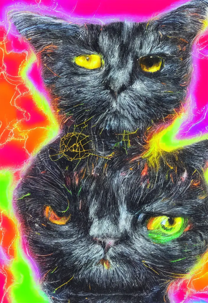 Image similar to cfa champion dark tortie scottish fold cat, cute feet long tail, radiant data visualization mathematical diagrams hologram overlay revealing complex inner machinations calculating sparrows flight trajectory, detailed annotated painting, grisaille dark monochrome with neon fluorescent color airbrush spraypaint accents, by jules julien, wes anderson, lisa frank, basquiat, octane render 4 k