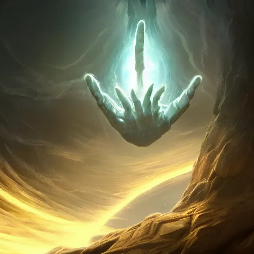 Image similar to a celestial holy hand coming from a portal down to earth, dynamic lighting, fantasy concept art, trending on art station, stunning visuals, creative, cinematic, ultra detailed, ray tracing