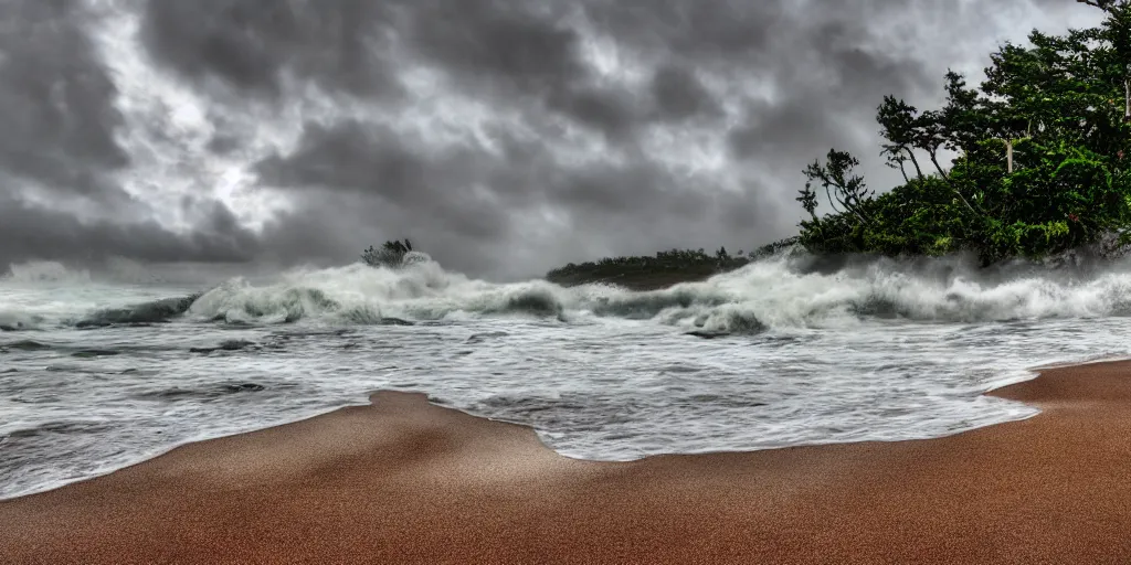 Prompt: island beach during an intense hurricane, hdr, 4 k,