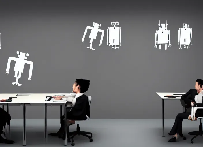 Image similar to A business meeting room. there are ONLY 2 people in the room. the first is a severed human head. flying human head. The head is Hovering with no body. the second person is the room is a Robot. there are no more people in the room.