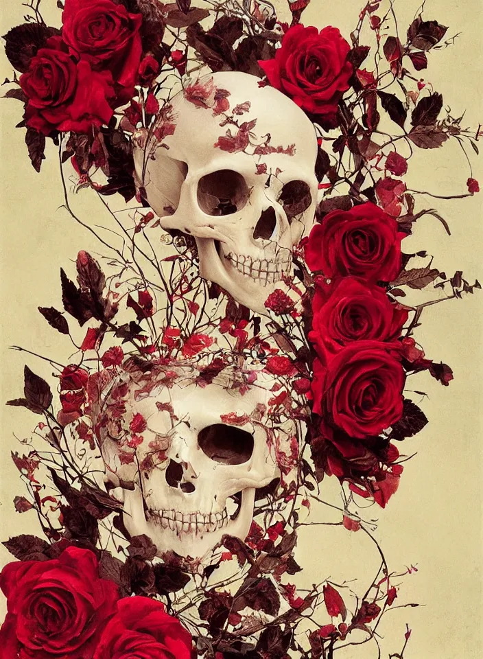 Prompt: transparent woman in a mask of a bird\'s skull with a wreath of roses, dressed in a dress of red boiling liquid wax, from under which the bones of the skeleton are visible, flying around the bird, buds and rose petals, dark background, painted by Caravaggio, Greg rutkowski, Sachin Teng, Thomas Kindkade, Alphonse Mucha, Norman Rockwell, Tom Bagshaw.