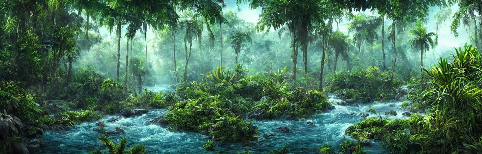 Image similar to painting of a jungle river!! scene on an alien planet by vincent bons. ultra sharp high quality digital render. detailed. beautiful landscape. weird vegetation. water.