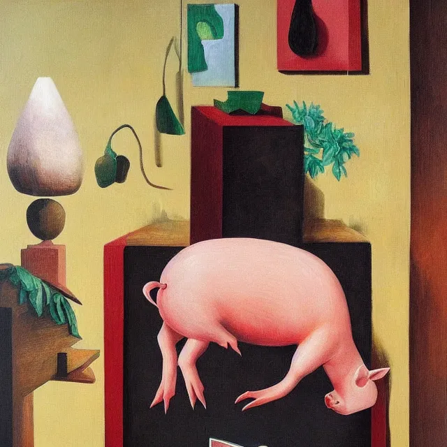 Image similar to a female art student in her apartment, sculpture work in progress, pig, pomegranate, acrylic on canvas, surrealist, by magritte and monet